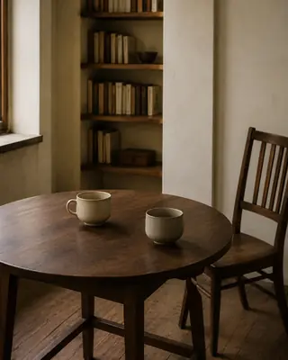 작은 원형 테이블 위 서로 다른 두 잔이 적당한 거리를 두고 놓인 방