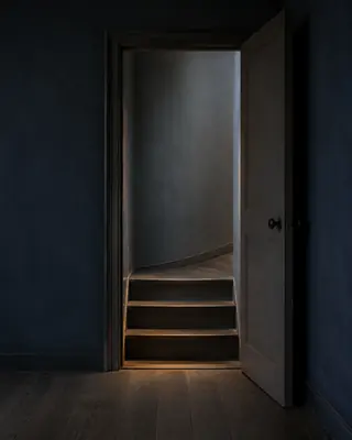 열린 문 너머 몇 개의 계단과 조용한 복도가 이어지는 딥 네이비 공간