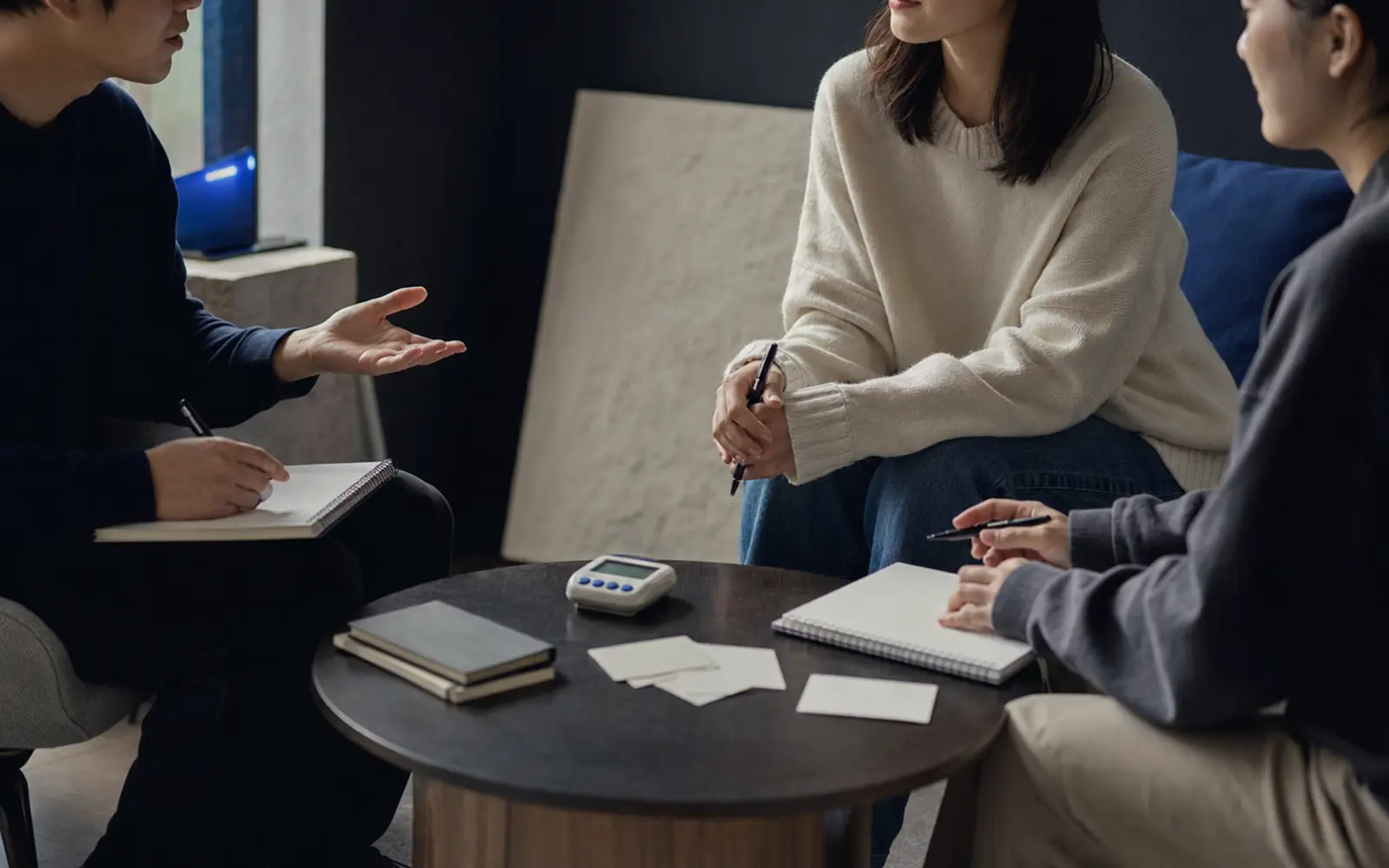 차콜 톤의 대화 스튜디오에서 노트와 타이머를 두고 코칭 장면을 함께 살펴보는 세 사람